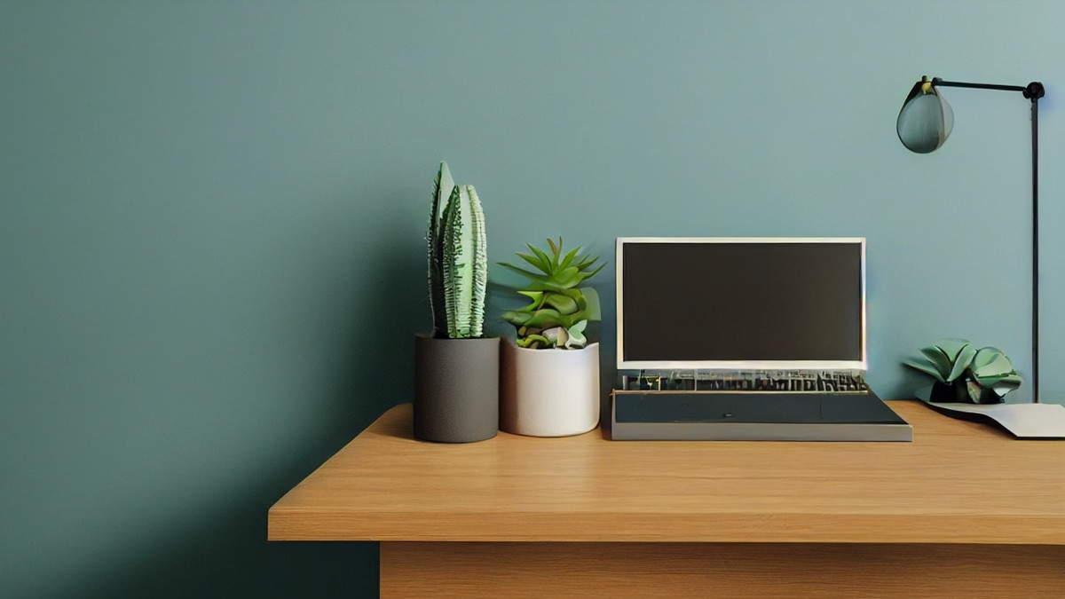 A desk with a laptop beneath wooden shelves of potted succulents on a teal wall