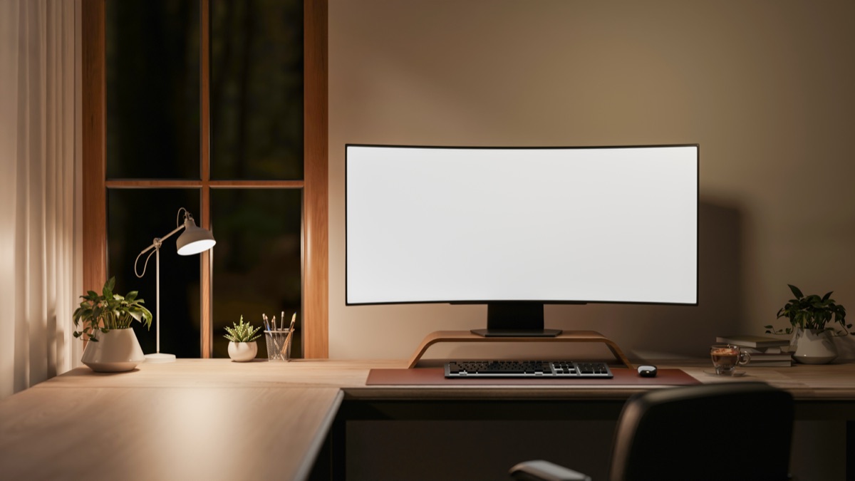 Minimalist desk setup with large monitor, keyboard on riser, plants, and task lamp by window