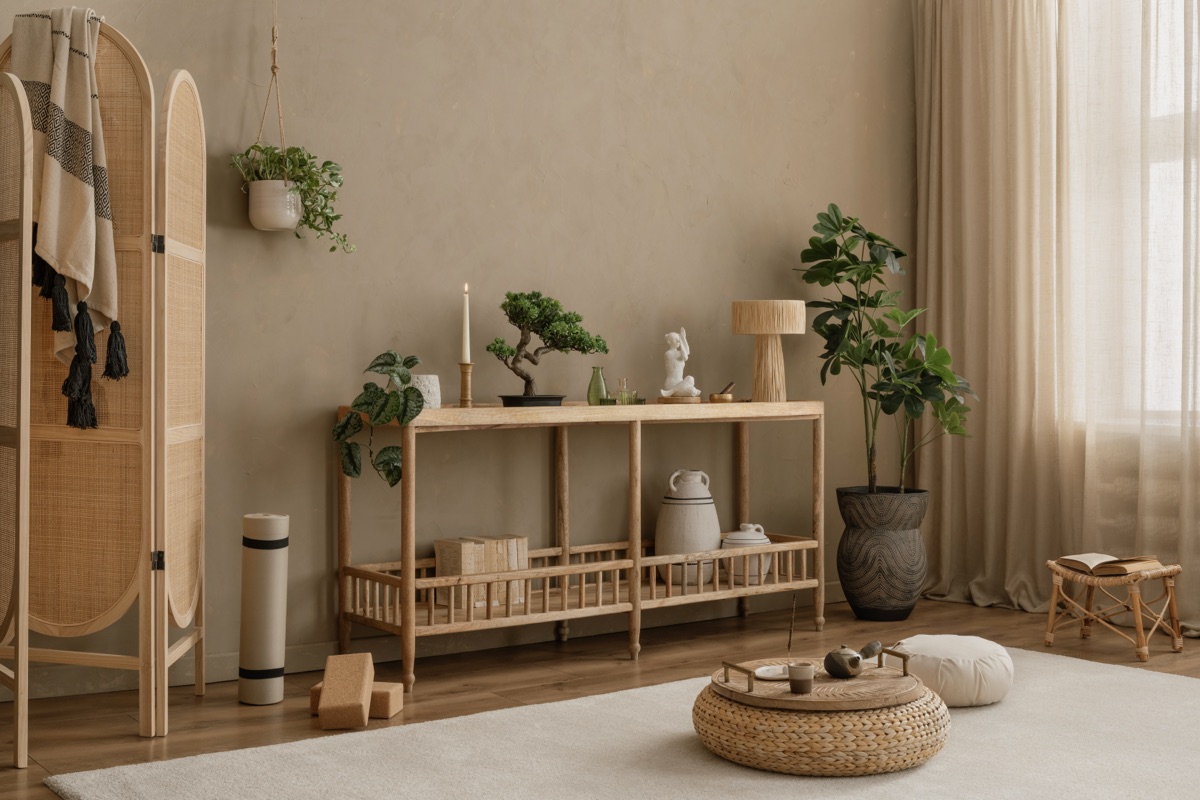 Minimalist Japandi workspace with pale wood shelving, bonsai, natural textiles, and woven floor cushion